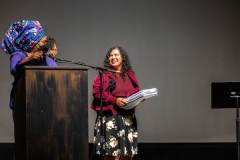 Master of Ceremonies: Rosalyn Collins, E. onja Brown and Melinda Palacio. Awards: Essay and Poetry, ages 6-12. Master of Ceremonies: Rosalyn Collins, (l-r) Sister Shirley Hammons, Sister Miriam Dance & Michelle Jarvis.       Martin Luther King, Jr. Holiday Arlington Theater Program on January 16, 2023.  16th Annual Martin Luther King, Jr. Holiday Weekend of MLKSB 2023 Events.  (Photo by Rod Rolle)

Arlington Theater Program 

Invocation - Rev. Roderick Murray, Pastor of New Friendship
Missionary Baptist Church and MLKSB board member
Master of Ceremonies: Rosalyn Collins

Sister Miriam Dance, Sister Shirley Hammons & Michelle Jarvis sing the
African American national anthem, “Lift Every Voice and Sing.”
Welcome: E. onja Brown, President of MLKSB
Tribute: Moment of silence for those who have passed
way this year

Elected Official: Salud Carbajal, Congressman
Elected Official: Gregg Hart, State Assemblyman
Miriam Dance - Sings “Remedy” accompanied by John Douglas
Sese Ntem and Ewe Drummers of Ghana
Awards: Essay and Poetry, ages 6-12
Break - Music
Rosalyn Collins: Acknowledgments
Sister Shirley Hammons & Sister Michelle Jarvis “Expect your Miracle”

Accompanied by John Douglas
Awards: Essay and Poetry, ages 13-18
Introduction: Michael A. Young, UCSB Vice Chancellor, Emer.
Keynote speaker: Dr. Diana Ramey Berry